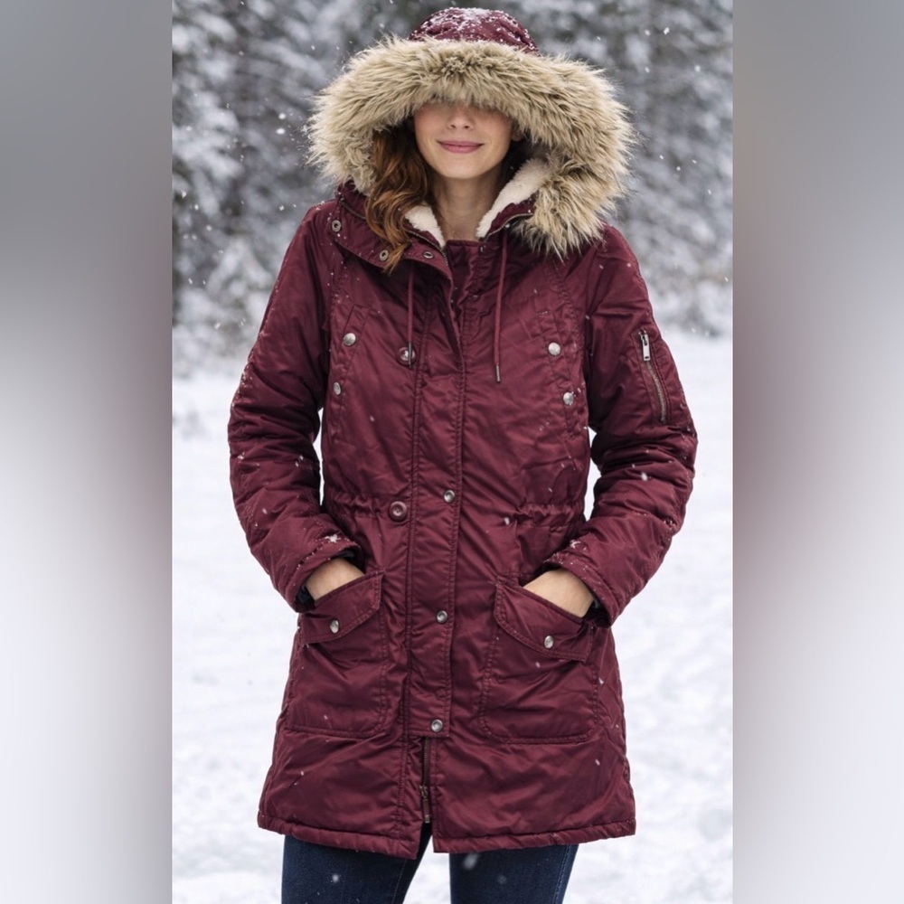 American Eagle Maroon Ski Jacket with Faux Fur Hood